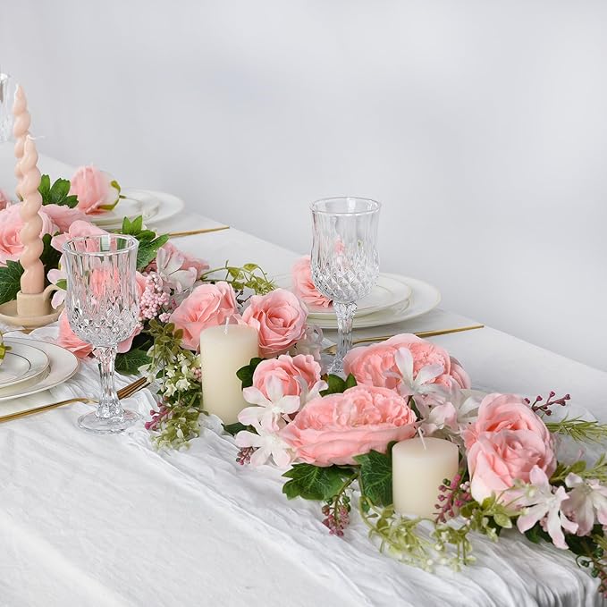 DearHouse Artificial Peony Flower Garland - Silk Peony Garland with Pink Flowers for Wedding Party Table Decoration,6ft/Strand
