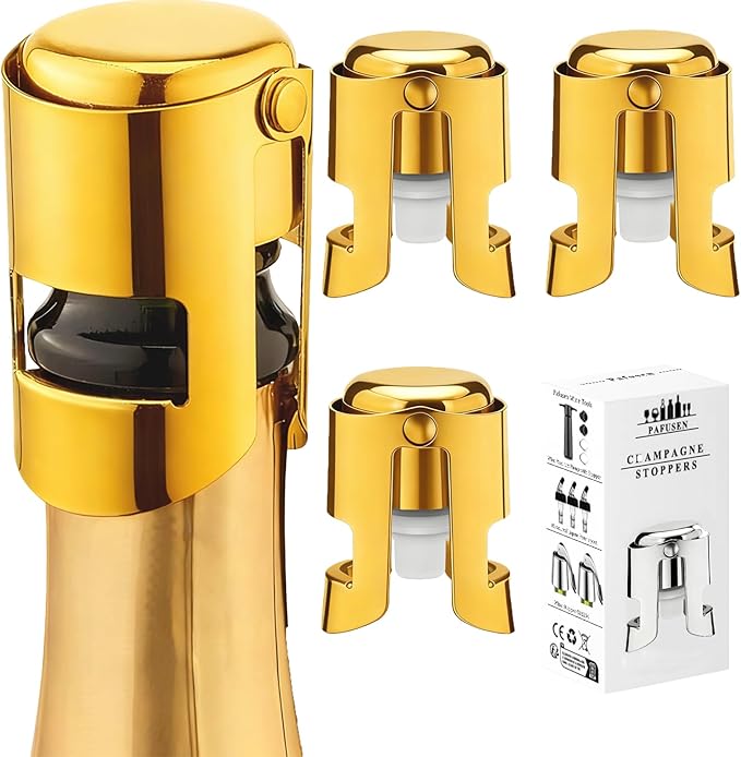 Champagne Stoppers for Bottles, Pafusen Champagne Sealer Stopper, Stainless Steel Champagne Cork Stopper Toppers, Saver for Champagne Cava Prosecco Sparkling Wine (Champagne -3-Pack- Gold)