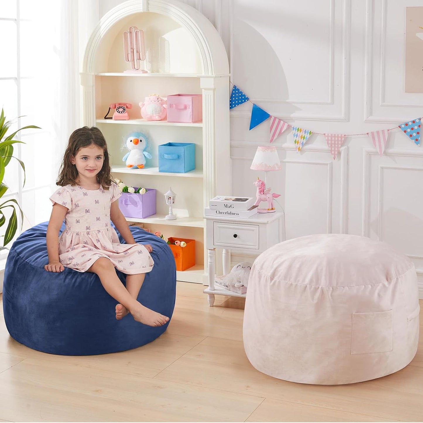 Kids Bean Bag Chair Bed - Convertible Lazy Chair to Floor Mattress with Filler - Small Beanbag Chair for Boys and Girls - Floor Couch Sofa in Bedroom, Classroom, Reading Nook - Navy Blue