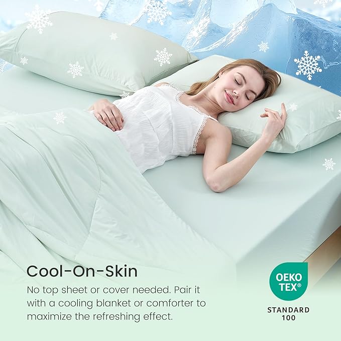 Cozy Bliss Premium Cooling Sheet Set King Size, Q-Max>0.4, 3PCS No Flat Sheet with 2 Pillowcases, Breathable Fitted Sheet for Hot Sleepers & Night Sweats, Deep Pocket Up to 18 Inches, Light Mint Green