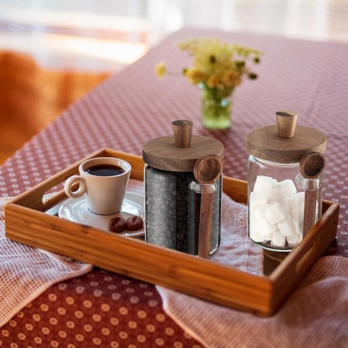 Remerry Set of 6 Glass Jar with Wooden Lid and Spoon, 20 oz Clear Airtight Spice Canisters Glass Food Storage Kitchen Containers Set for Coffee Bean Tea Sugar
