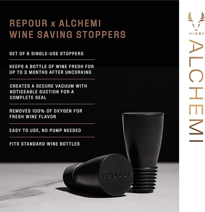 Alchemi Repour Wine Saver Stoppers - Easy to Use Vacuum Seal Stoppers - Removes Oxygen - Set of 6