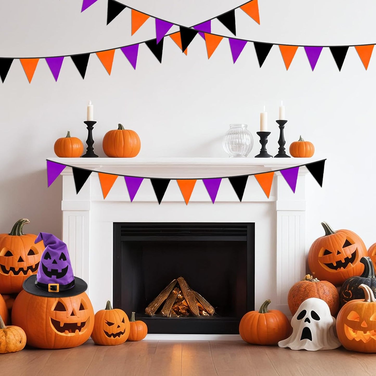 jijAcraft Orange Black Purple Halloween Pennant Banner - 39Ft Halloween Party Decoration Fabric Triangle Bunting Garland for Hallows Eve Fireplace Wall Wedding Birthday Indoor Outdoor Decoration