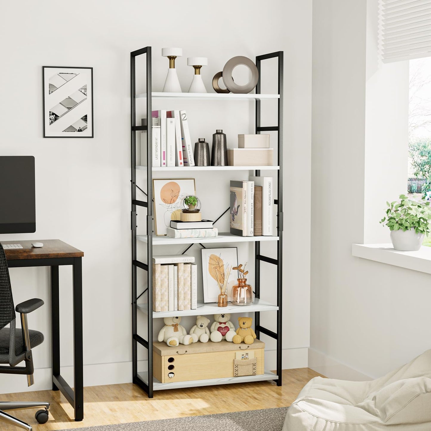 OTK 5 Tier Bookshelf, Tall Bookcase, Office Shelf Storage Organizer, Modern Book Shelf for Living Room, Bedroom, and Home Office, White Marble