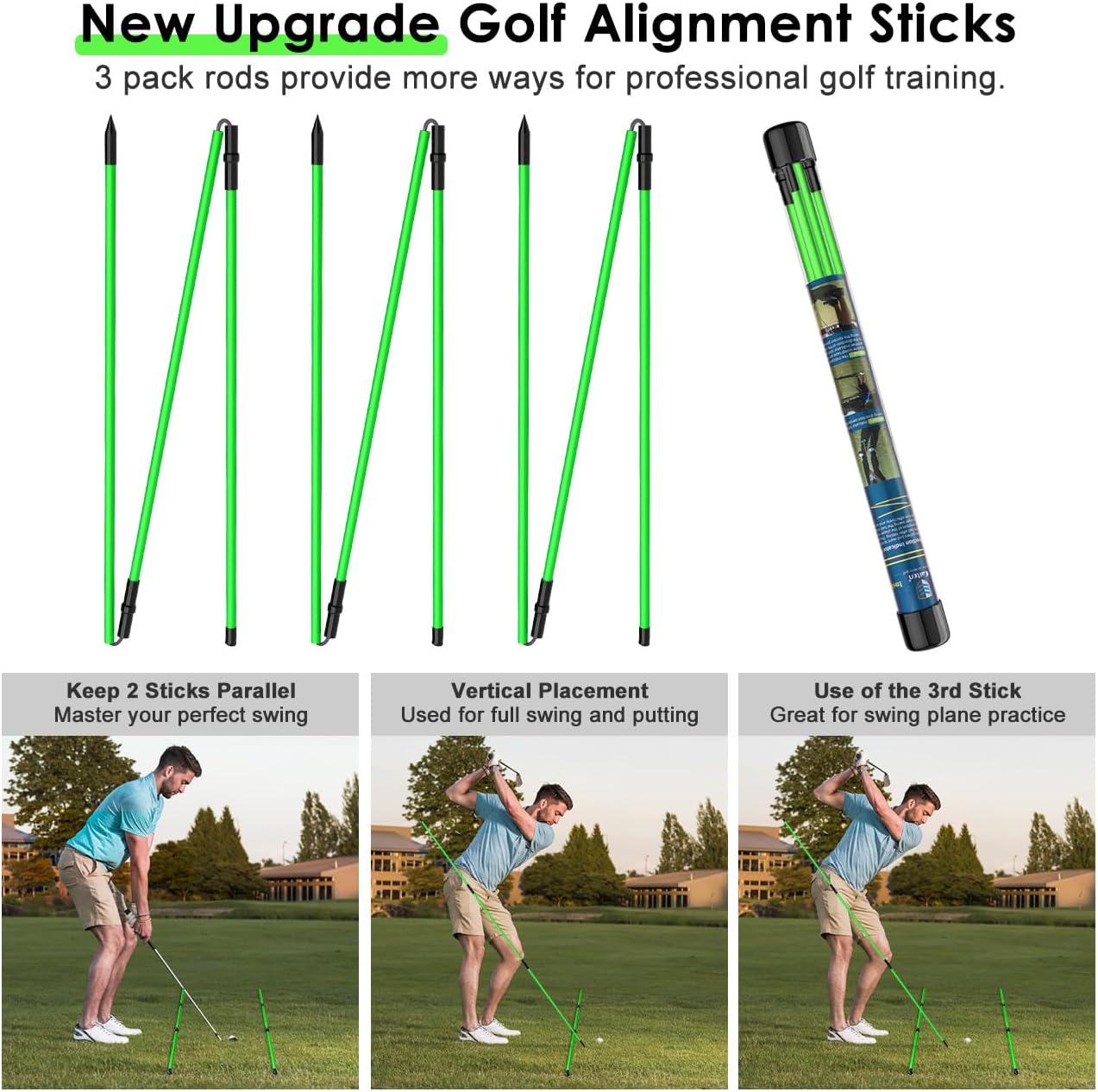 Rhino Valley Golf Alignment Sticks - 48" Collapsible Golf Practice Rods for Aiming, Putting, Full Swing Trainer, Posture Corrector with Clear Tube Case, Golf Training Equipment