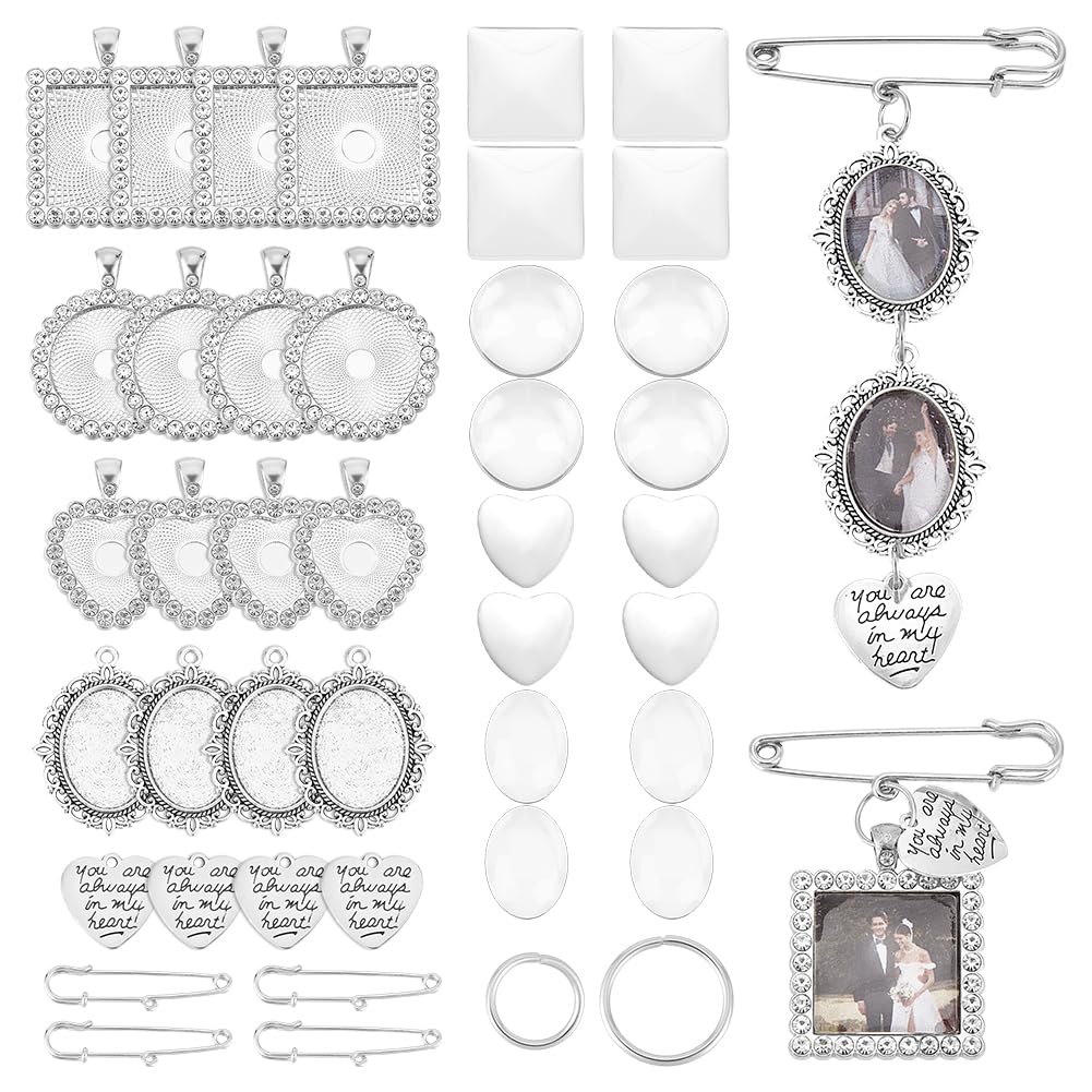 UNICRAFTALE 4 Sets 4 Styles Wedding Bouquet DIY Photo Charm Bouquet Memorial Bridal Charm Oval Round Pin Brooch Making Kit Heart Memorial Locket Cabochon Pendants for DIY Wedding Party Bridal Shower