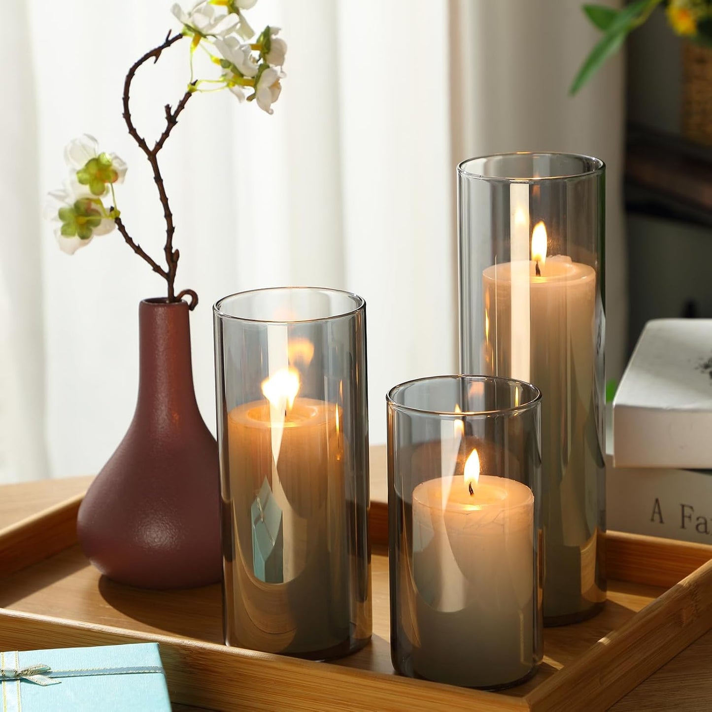 Shihanee 36 Pcs Pillar Candles and Glass Cylinder Vases Tall Cylinder Holders for Pillar Candles Wedding Centerpieces, Total 18 Sets(2.6'' X 4.7'', 5.9'', 7.9'',Smoke Gray,White)