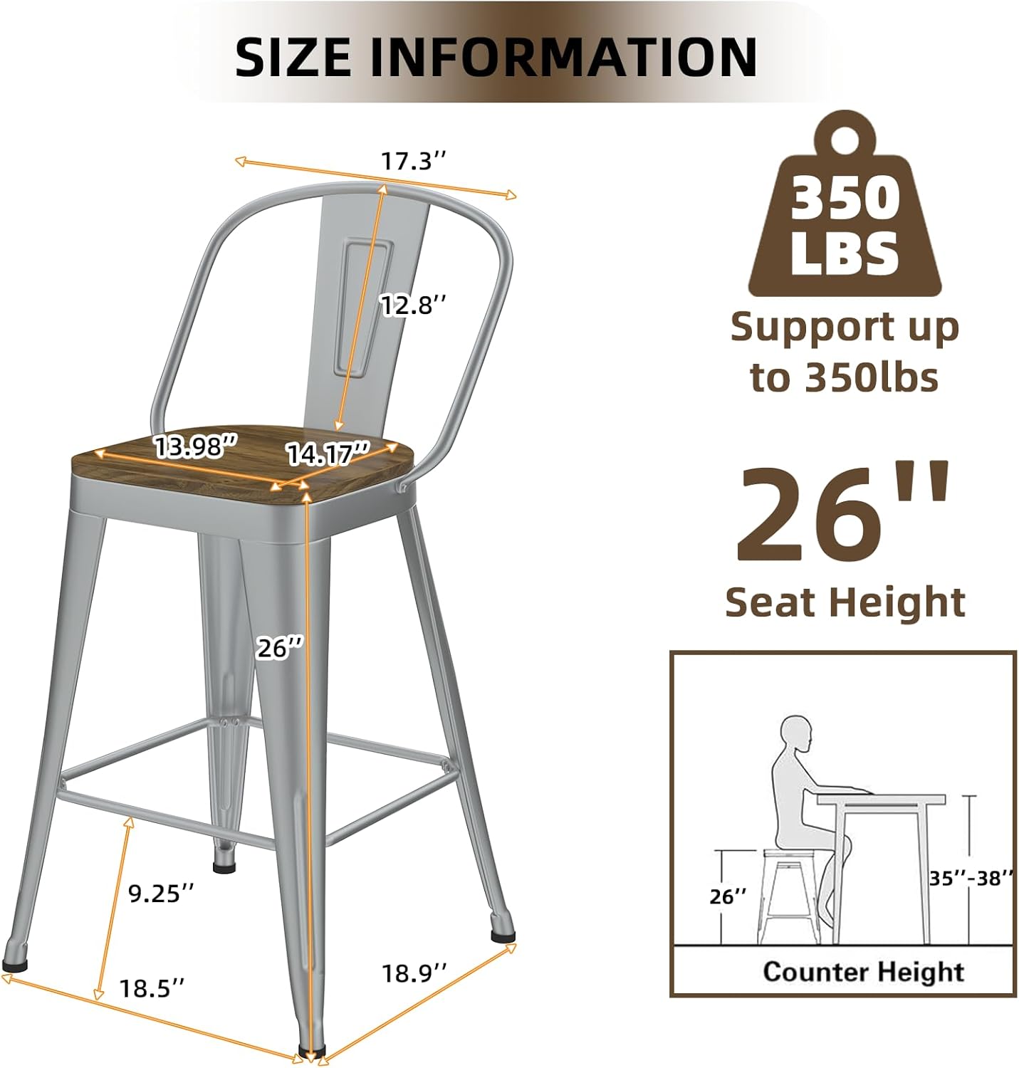Metal Bar Stools Set of 4, High Back Bar Stools with Wooden Seat, 26 inch Silver Barstools for Kitchen Island