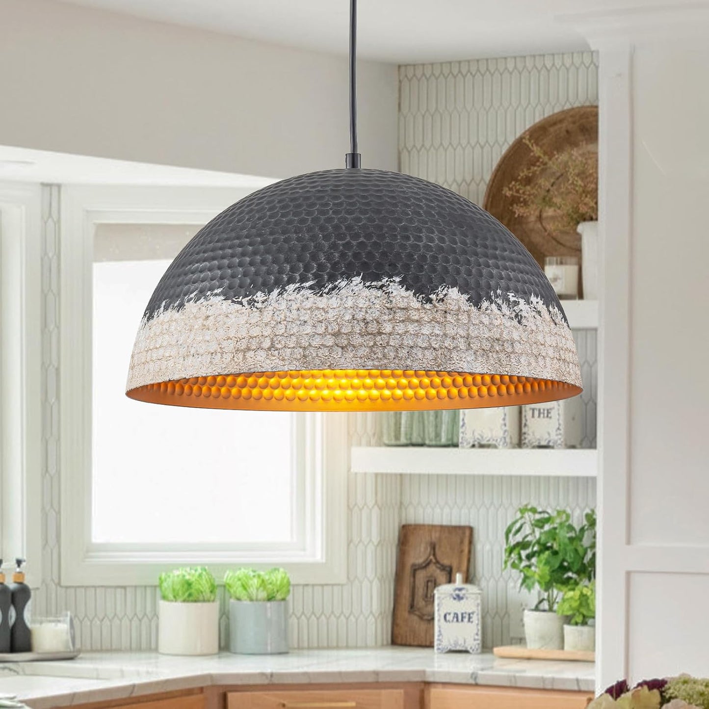 Y'INSP 15.75" Black Distressed Pendant Light Fixtures, Hammered Pendant Lights Kitchen Island, Farmhouse Dome Pendant Lighting, Industrial Hanging Lights for Dining Room Bedroom Hallway Foyer