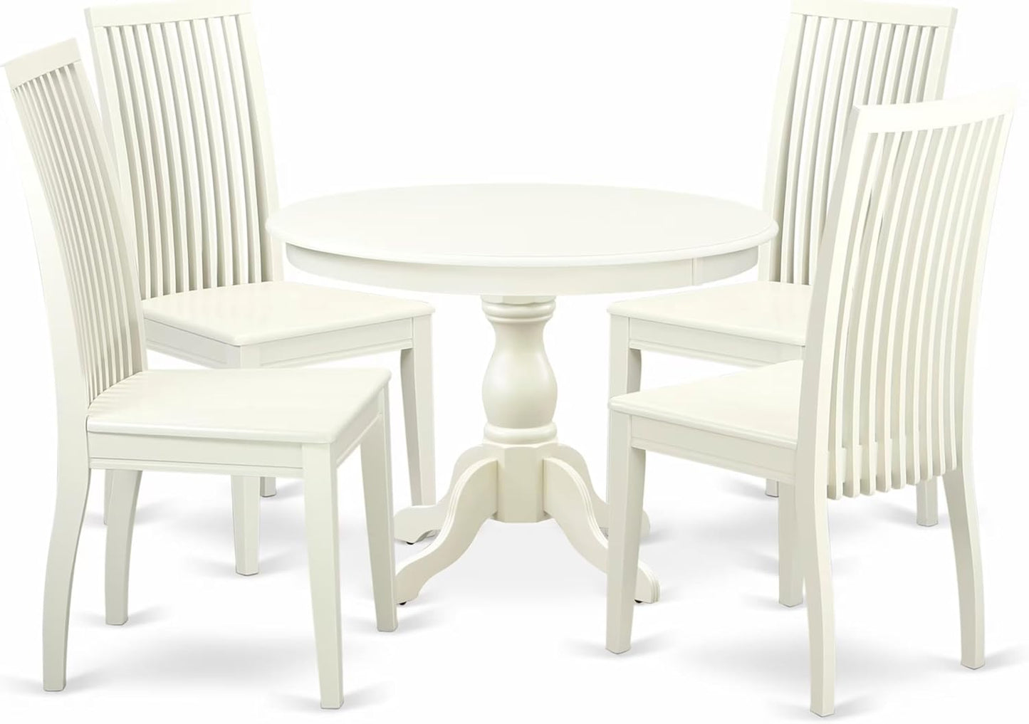 East West Furniture HBIP5-LWH-W 5 Piece Dining Room Table Set Includes a Round Dining Table with Pedestal and 4 Wood Seat Chairs, 42x42 Inch, Linen White