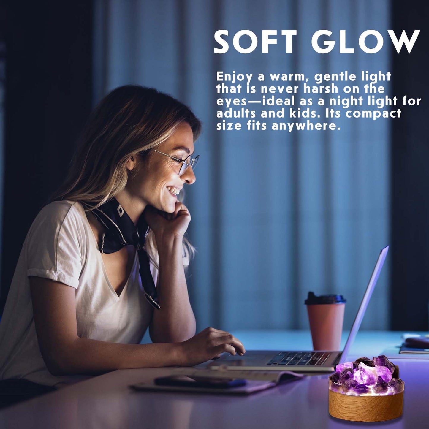 Runyangshi Amethyst Night Light with Natural Raw Crystal - USB Powered Mini Lamp for Bedroom, Desk, Meditation, Healing Crystal Decor with Wood Base, Gift Idea