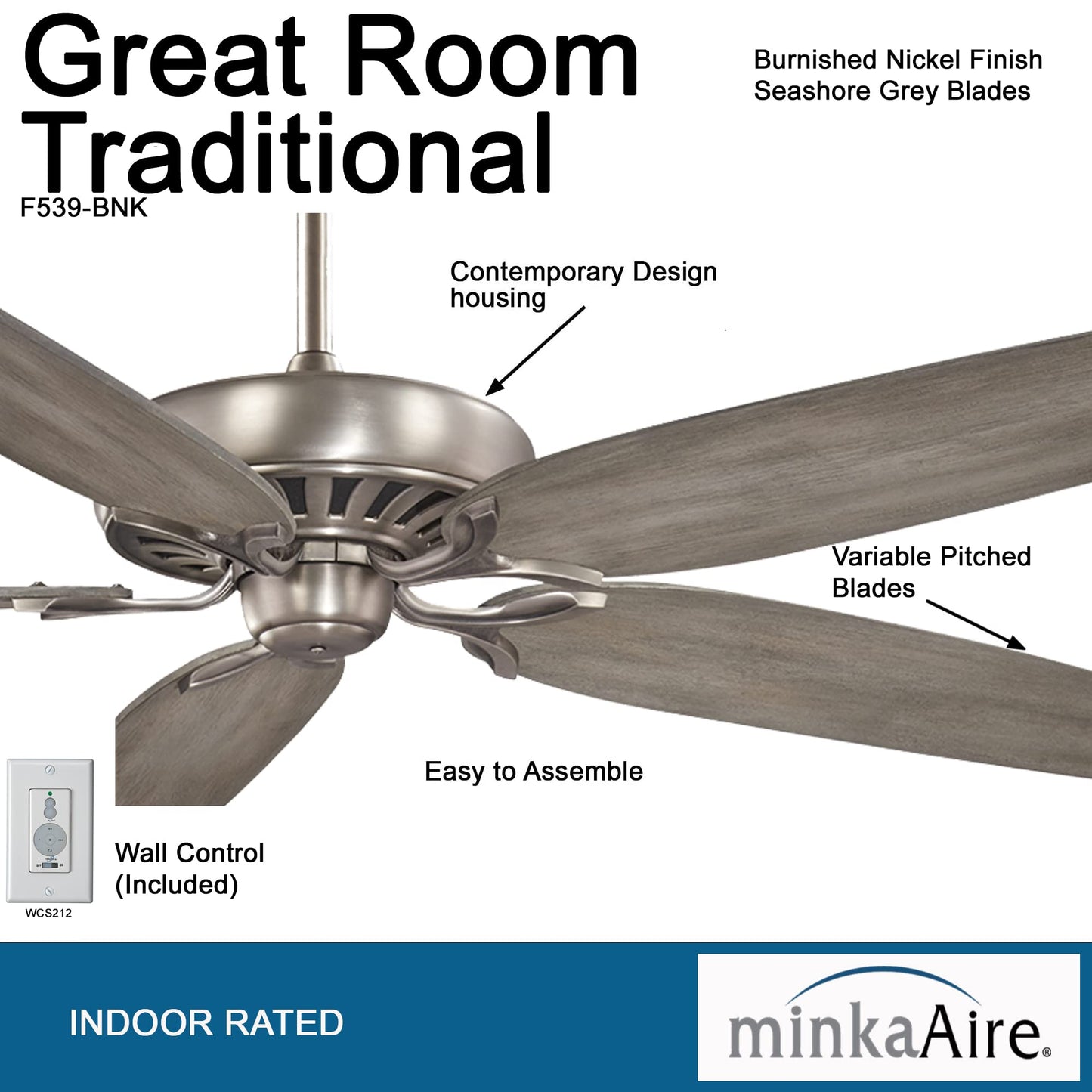 Minka-Aire F539-Bnk Great Room Traditional 72 Inch Ceiling Fan In Burnished Nickel Finish