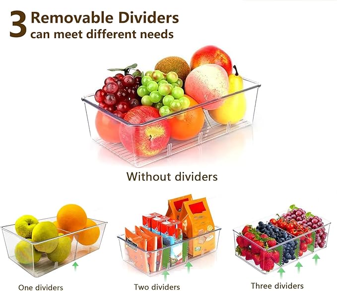 8 Pack Refrigerator Organizers and Storage,Clear Plastic Storage Bins with 3 Dividers for Pantry,Kitchen,Fridge Organization and Storage,Snack Containers for Spice Packets,Tea bag organizer