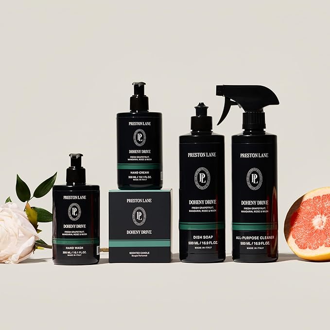 Preston Lane Signature Home Set – All Purpose Cleaner, Dish Soap, Hand Wash, Hand Cream & Scented Candle | Plant-Powered Cleaning & Care Essentials with Fine Italian Fragrance, Doheny Drive