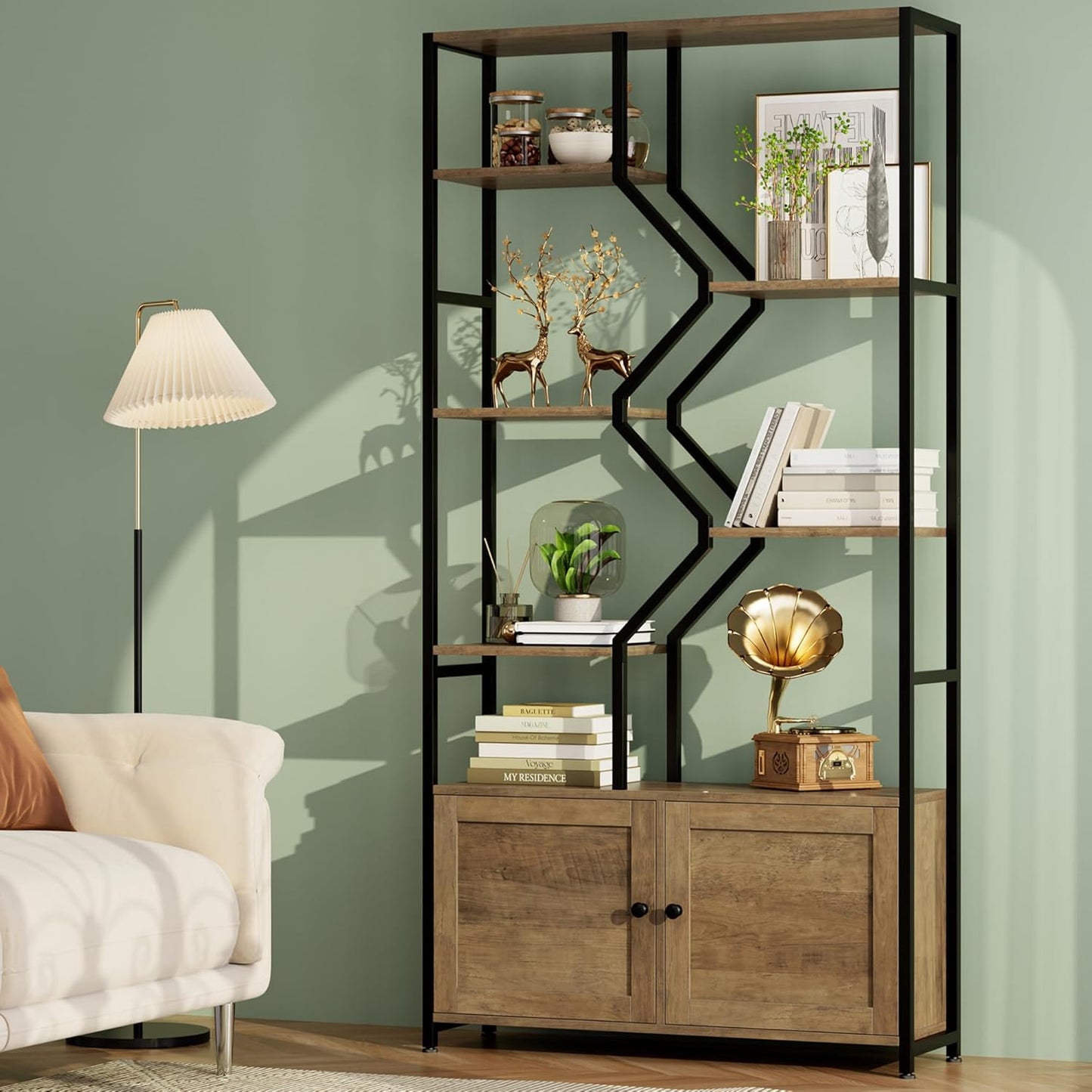 76" Tall Shelf with Storage Cabinet Doors, 6 Tier Open Bookshelf for Multi-use Display, Staggered Book Shelf Etagere Bookcase for Home Office/Living Room, Deep Metal & Wood Accent Shelf, Rustic Brown