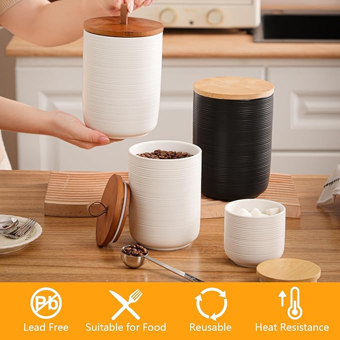 Food Storage Jar Strong Ceramic Storage Canisters with Airtight Wooden Lid,Kitchen Storage Containers for Serving Coffee Beans, Tea, Sugar, Salt, Spices (Medium white 27 oz)