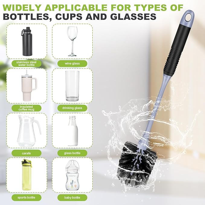 Long Handle Bottle Brush, Reusable Water Bottle Cleaner Brush, Flexible Scrub Brush for Water Bottles, Glasswares, Mugs, Thermos, Black, 2 Pack