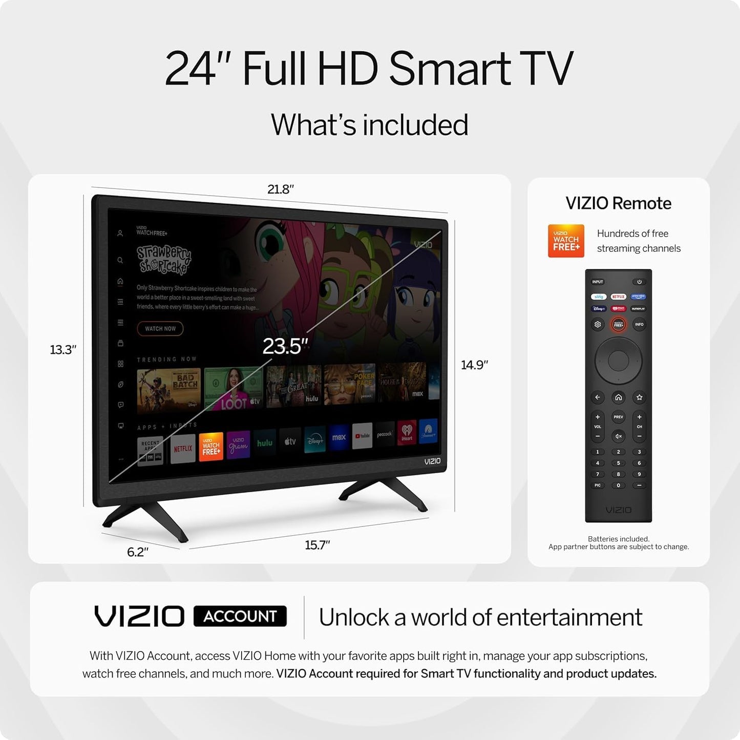 VIZIO 1080p Full HD Smart TV Bundle - 24-inch, Alexa Compatible, HDR, ThinFrame Design, Model D24FJ09KIT1, Black