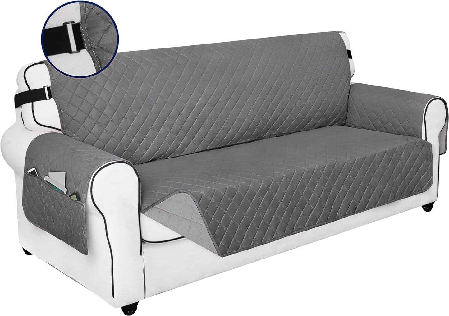 PureFit Reversible Sofa Couch Cover Water Resistant Couch Covers for 3 Cushion, Washable Furniture Cover with Non-Slip Foam and Adjustable Strap for Dogs, Pets (Oversized Sofa, Gray/Light Gray)