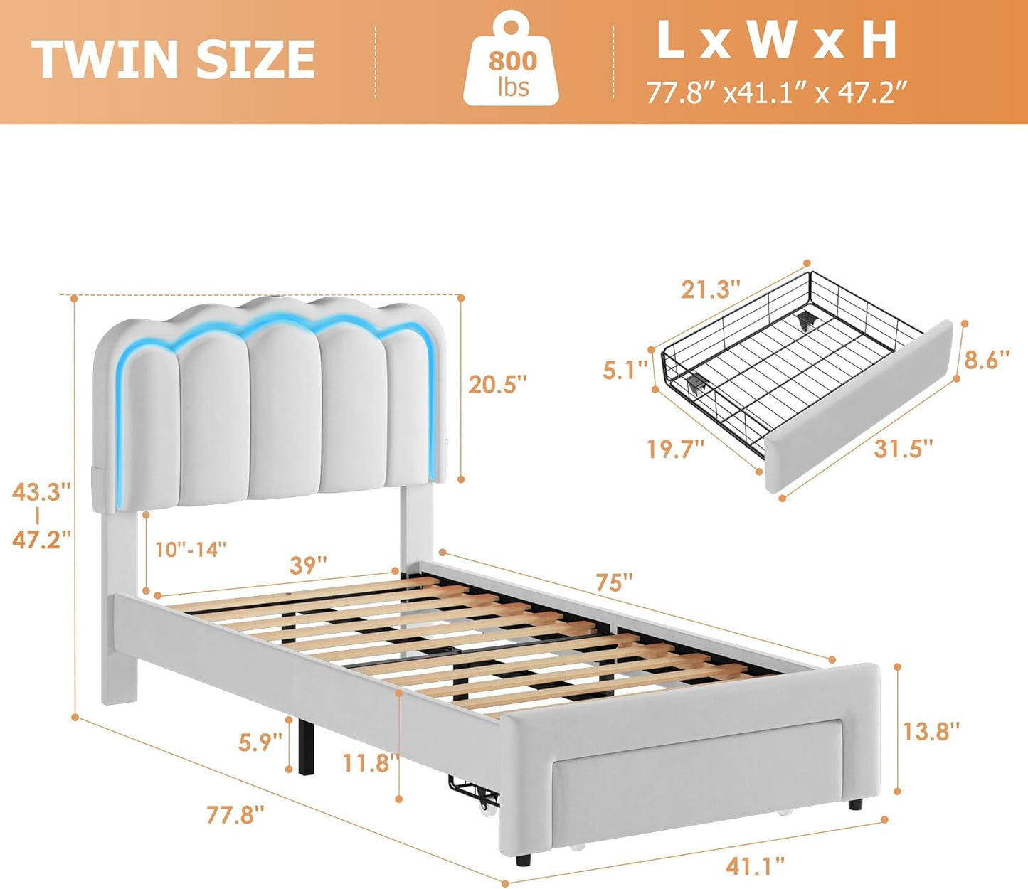 Twin Upholstered LED Bed Frame with Storage Drawer and Adjustable Chic Double Wavy Headboard, Velvet Prince Platform Bed for Boys/Kids, Solid Wood Slats Support, No Box Spring Needed, Grey