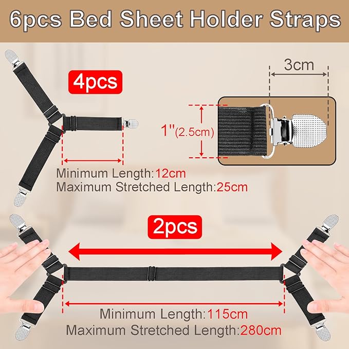 6pcs Bed Sheet Straps, Adjustable Non Slip Black Elastic Triangle Bed Suspenders, Keep in Place Fitted Sheet Straps Holder for Mattress Covers, Sofa Cushion