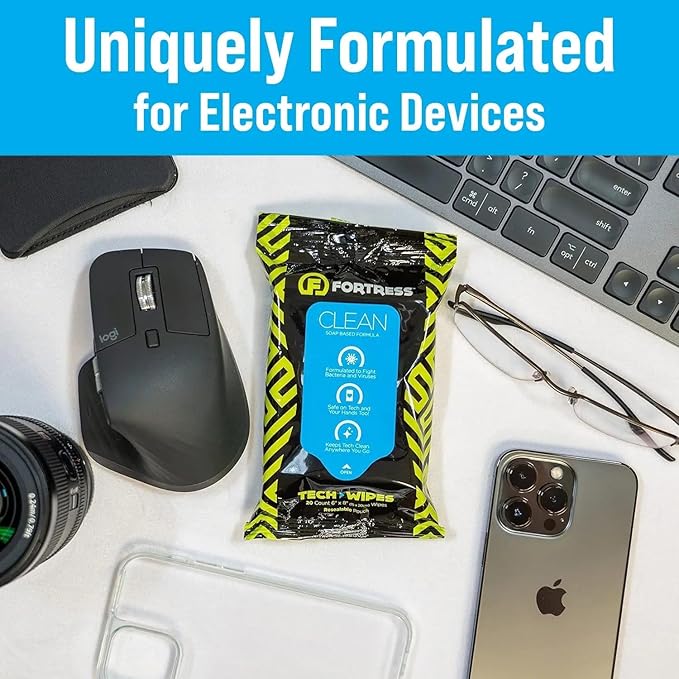 Fortress Electronic Wipes With Microfiber Cloth (25 ct, Pack of 12) To-Go Tech Wipes for Screens, Phones, Keyboards, TV Monitors, Computer Screens, and More [Travel Size] Skin-Safe