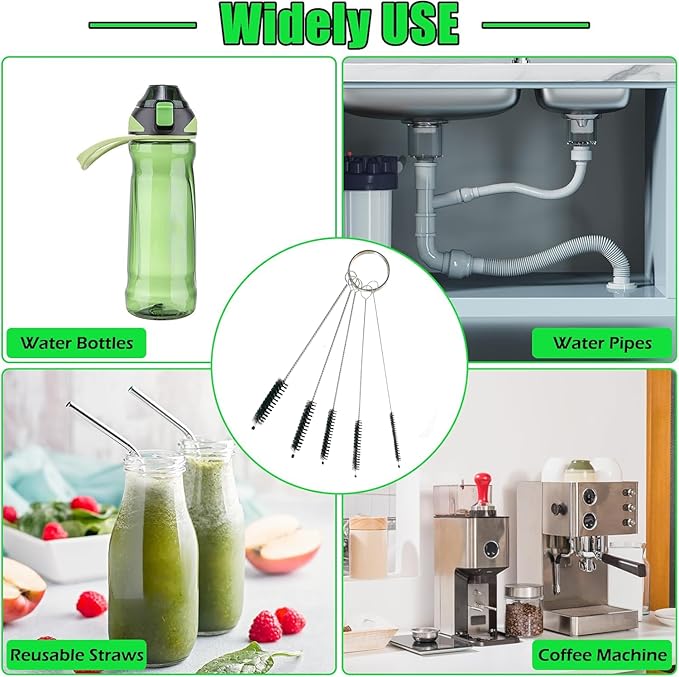 Green Piece® 5-Piece Nylon Pipe Tube Cleaner Set Mini Metal Straw Brushes with Keychain Ring for Bottles, Straws, Glasses, Tubes, Keyboards and More
