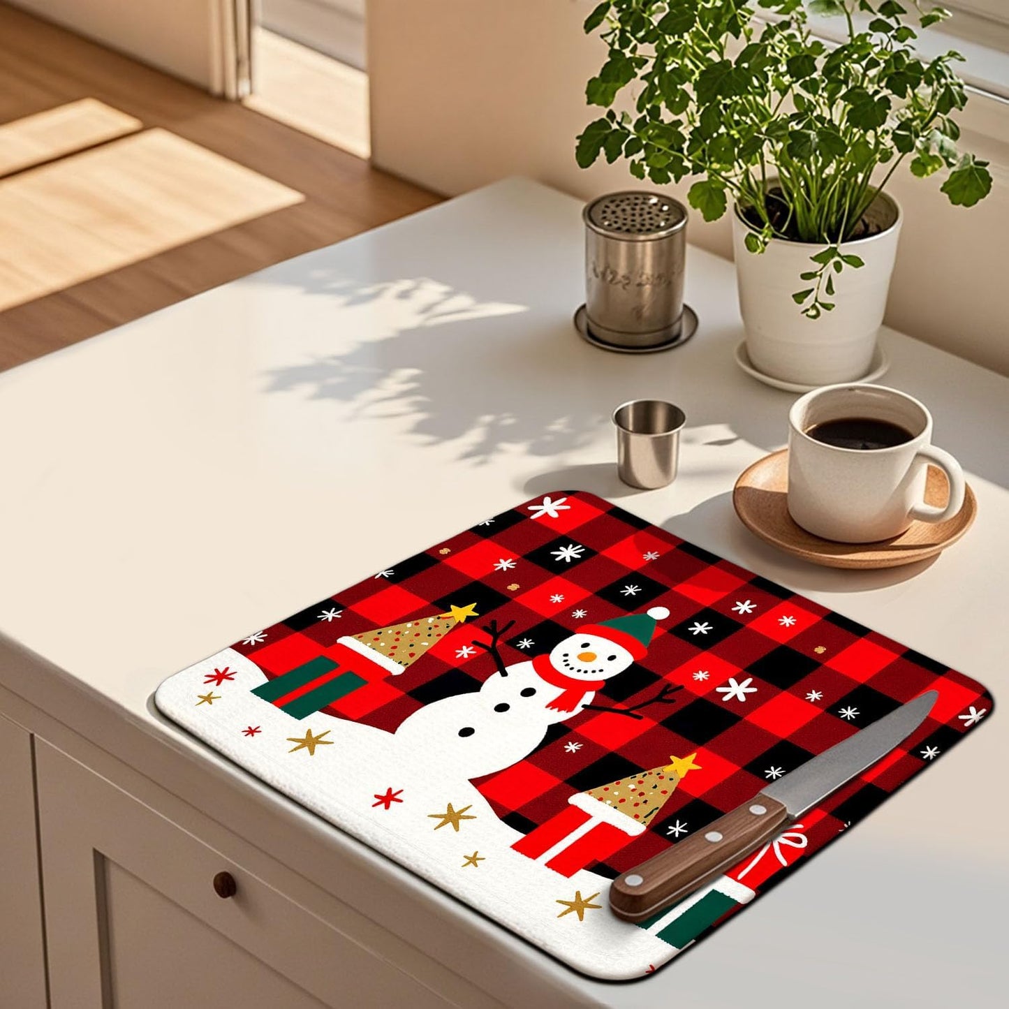 Red Plaid Christmas Drying Mat for Kitchen Counter 16" X 18" Christmas Dish Drying Mat for Kitchen Decor Xmas Drying Mats For Home Counter Drying Mats For Dishes Dish Mat Drying Mat