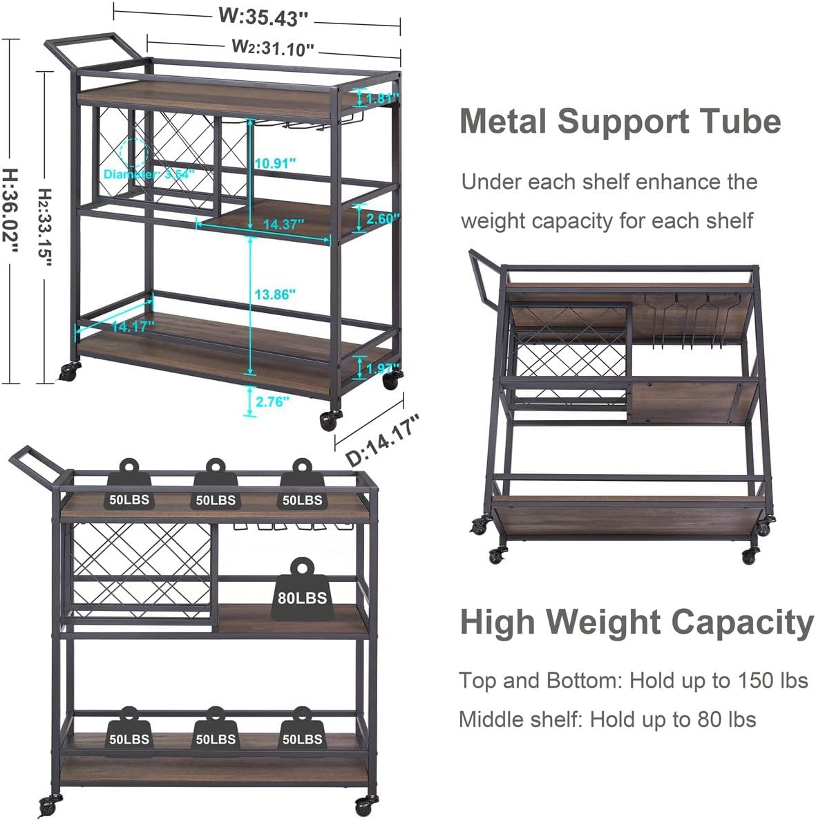 FATORRI Bar Cart for The Home with Wine Rack and Glasses Holder, Small Home Bar Serving Cart on Wheels for Liquor and Alcohol (Walnut Brown)
