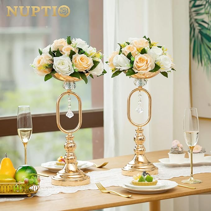 NUPTIO Artificial Flower Centerpieces for Tables: Peachy Champagne & White Flower Ball Arrangement for Wedding Party - 2 Pcs 9.5 Inch Diameter Floral Rose for Bridal Shower Decor