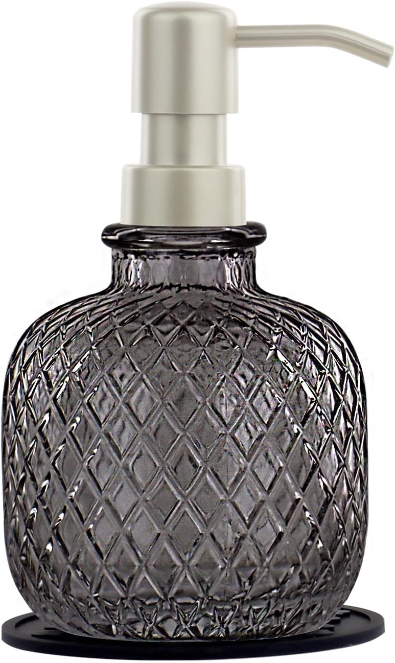 Soap Dispensers with Silicone Mat, for Kitchen and Bathroom Contertop Wash Hand Liquid, Dish Detergent, Farmhouse Style Shampoo Lotion Pump (1, Grey Glass with Champagne, 3-1/2" x 3-1/2" x 6-1/4")