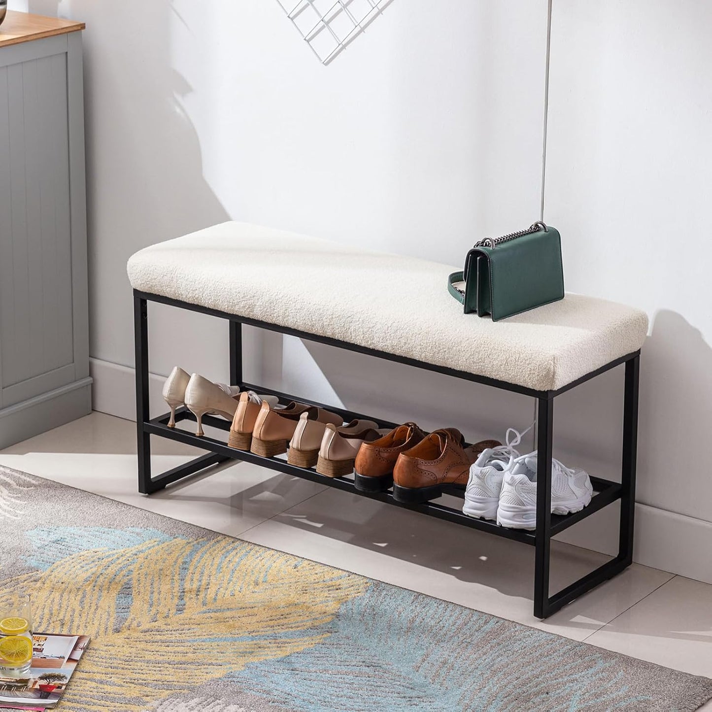 Zesthouse Boucle Shoe Bench Entryway with Storage, Upholstered Bench for Bedroom End of Bed, Metal Shoe Rack for Closet Hallway Doorway Living Room Mudroom, White