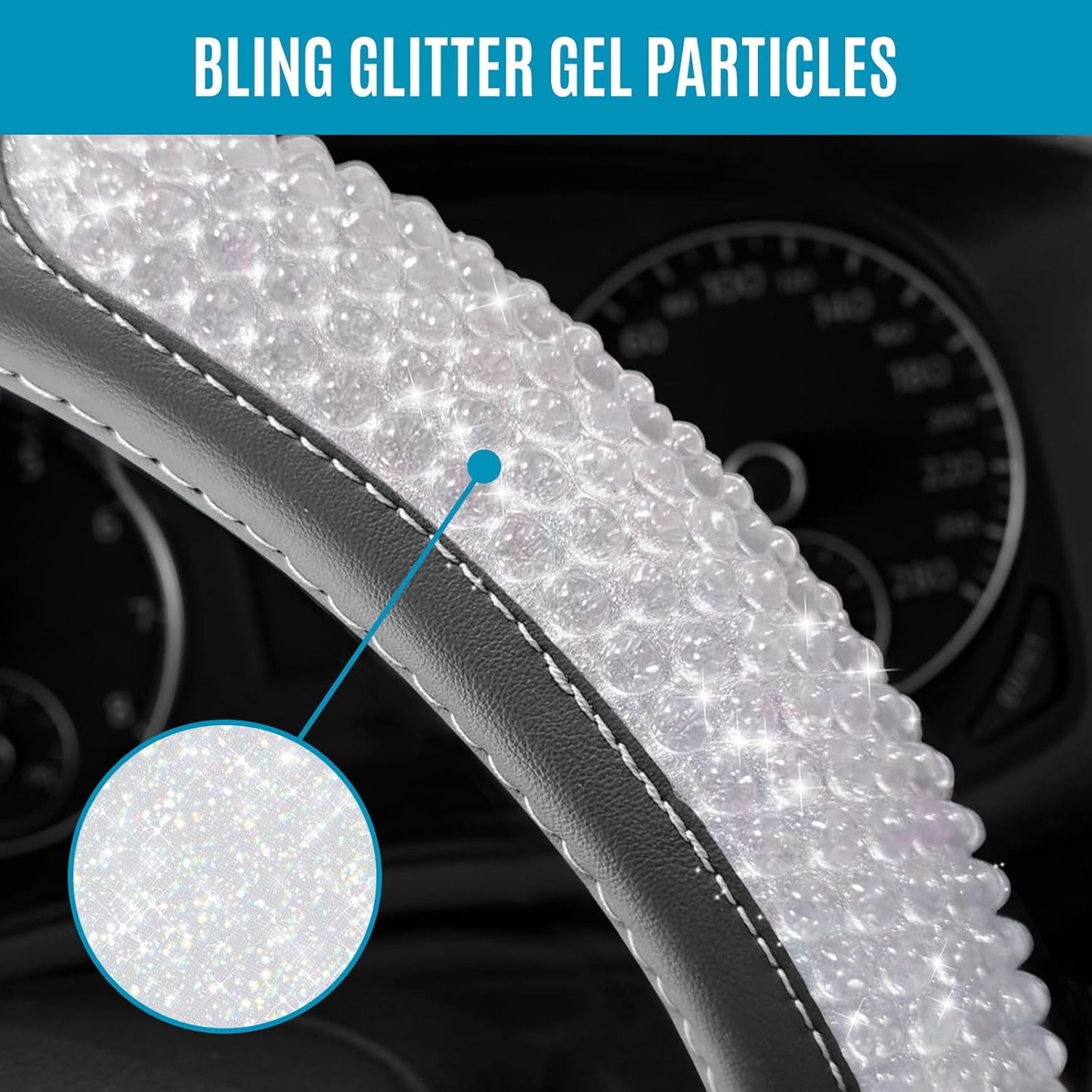 PIC AUTO Steering Wheel Cover, Glitter Gel Particles & Blue Luxury Leather Car Steering Cover, Universal Fit 14.5"-15.5" Anti-Slip Car Wheels Cover for Girls & Women