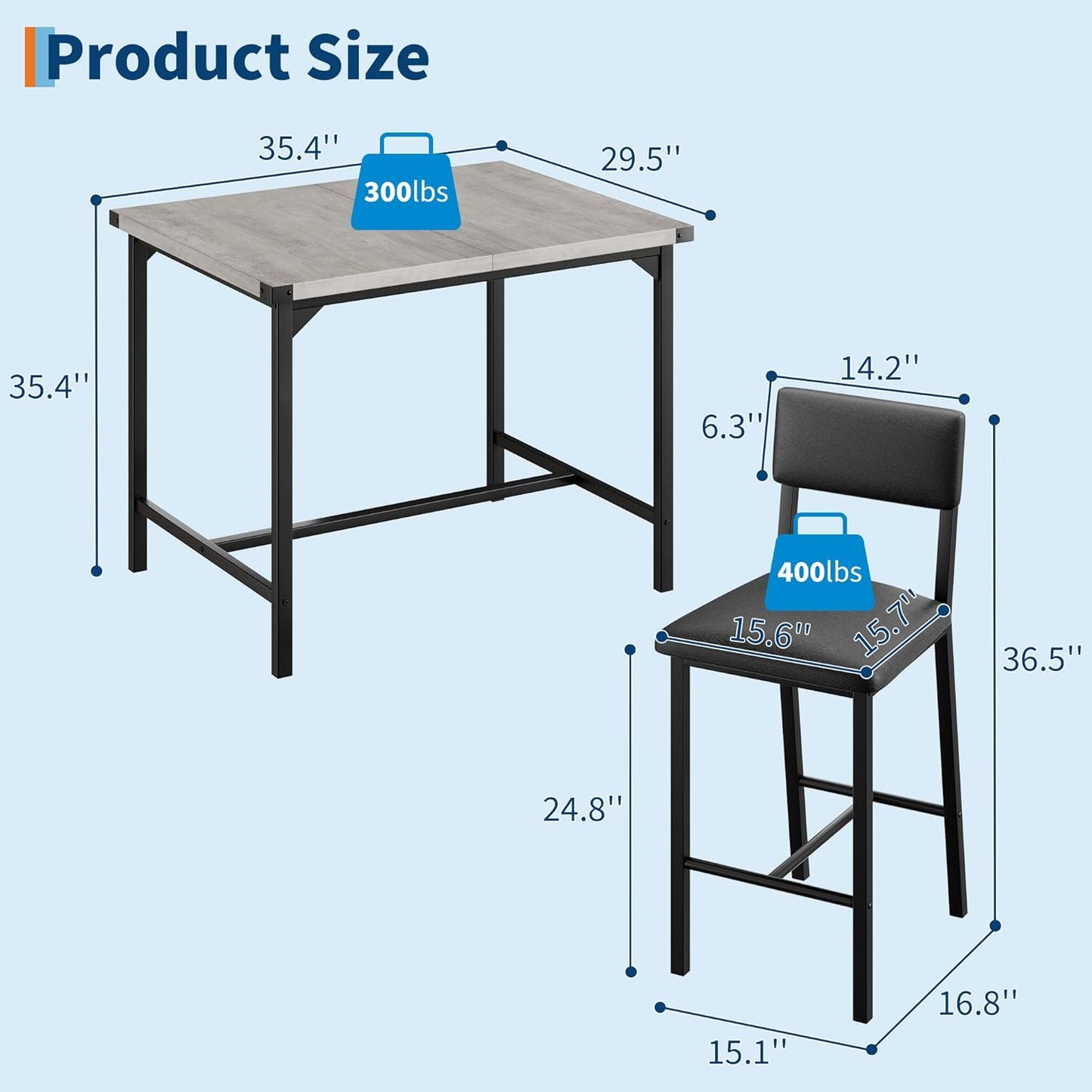 IDEALHOUSE Dining Table Set for 2 w/Counter Height Table & 2 Upholstered Bar Stools, 3-Piece Kitchen Table Set with Footrest & Corner Protector, for Kitchen Room, Apartment, Pub