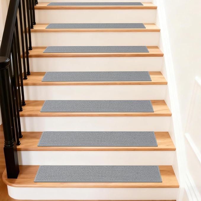 Art3d Stair Treads for Wooden Steps 15Pcs, 8" X 30" Non Slip Stair Runner Rugs with Reusable Adhesive for Elders Kids and Dogs, Machine Washable Peel and Stick Stair Treads Carpet, Gray