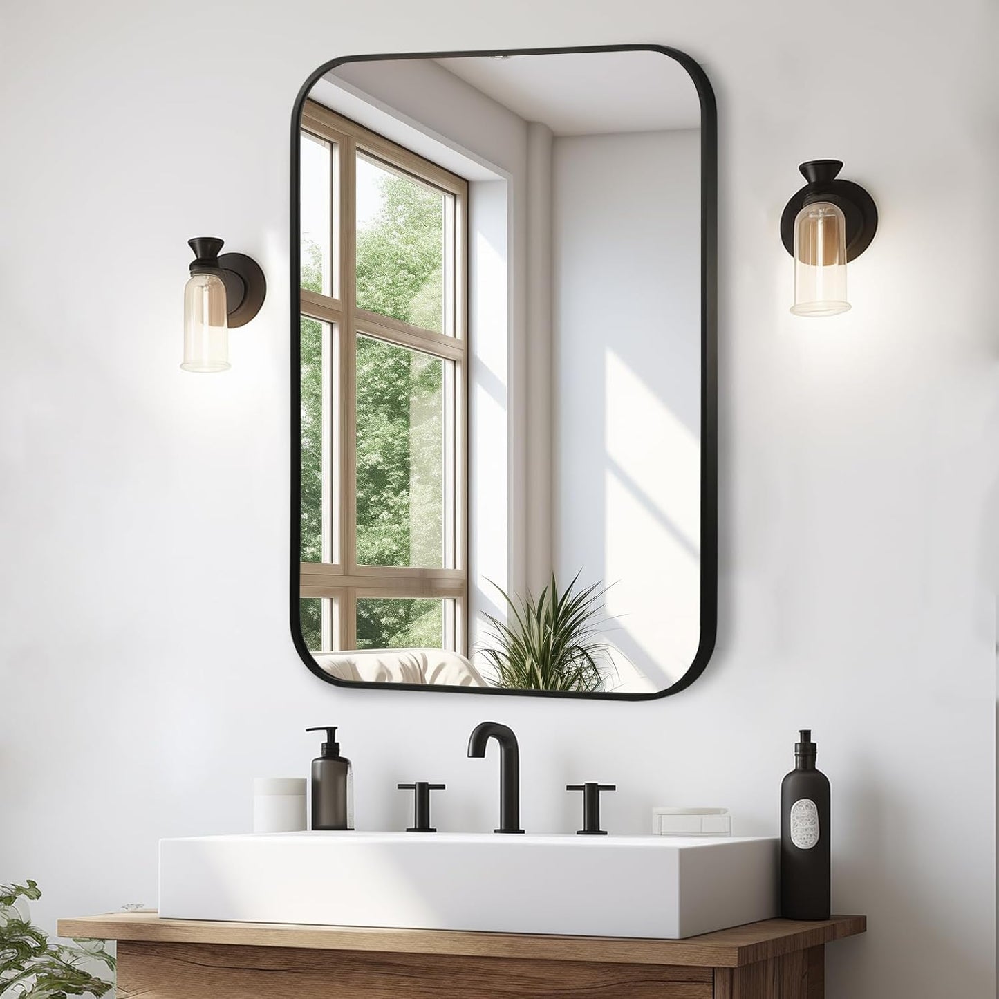 Matte Black Mirror, 26"x38" Rectangle Bathroom Mirror, Metal Frame Rectangle Corner Vanity Mirror, Wall Mounted Mirror for Modern, Living Room, Bedroom, Horizontal Or Vertical