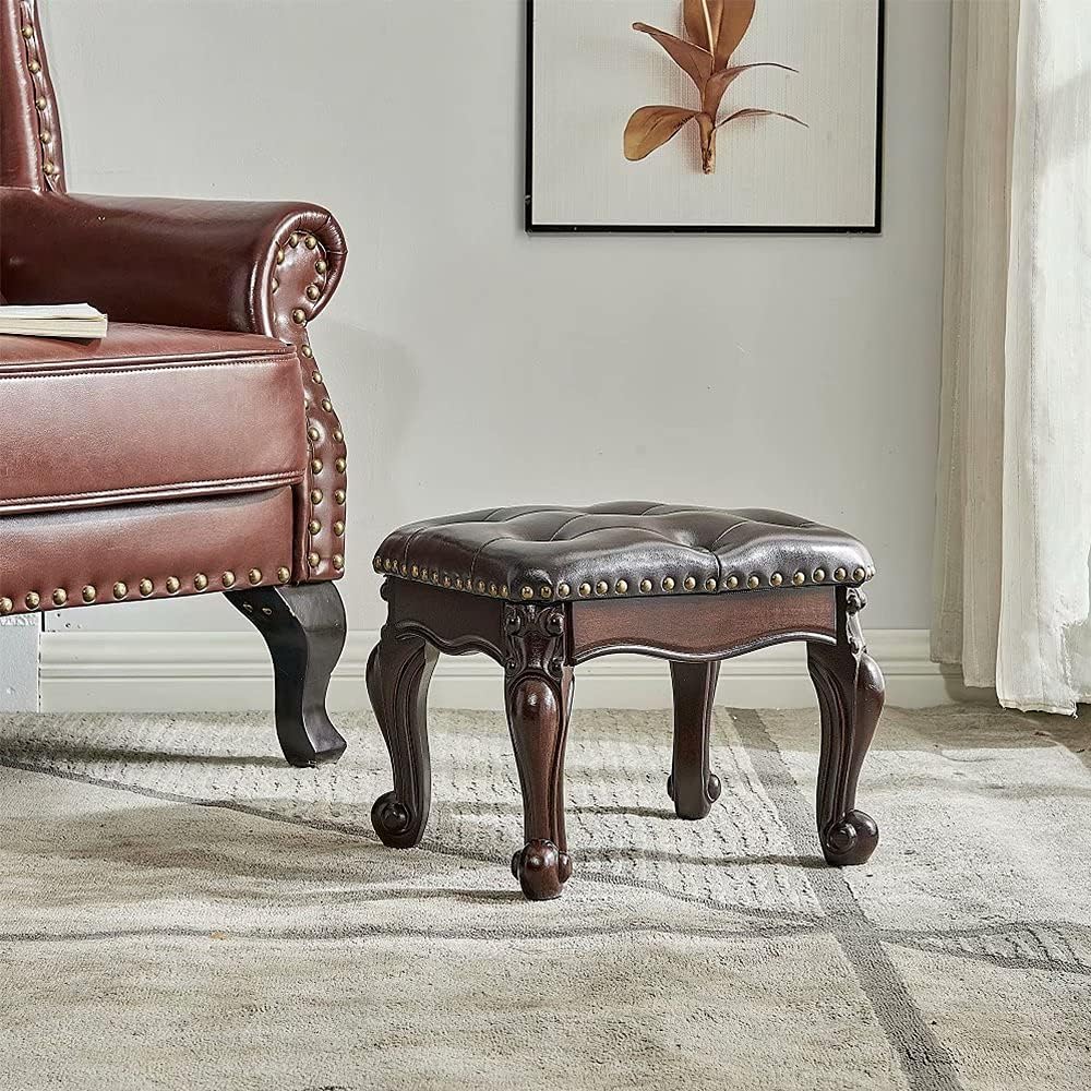 Foot Stool Ottoman with Microfiber Leather Cushion Footrest Sofa Stool for Hallway, Foyer, Living Room, Bedroom, Simple Assembly (Dark Brown)