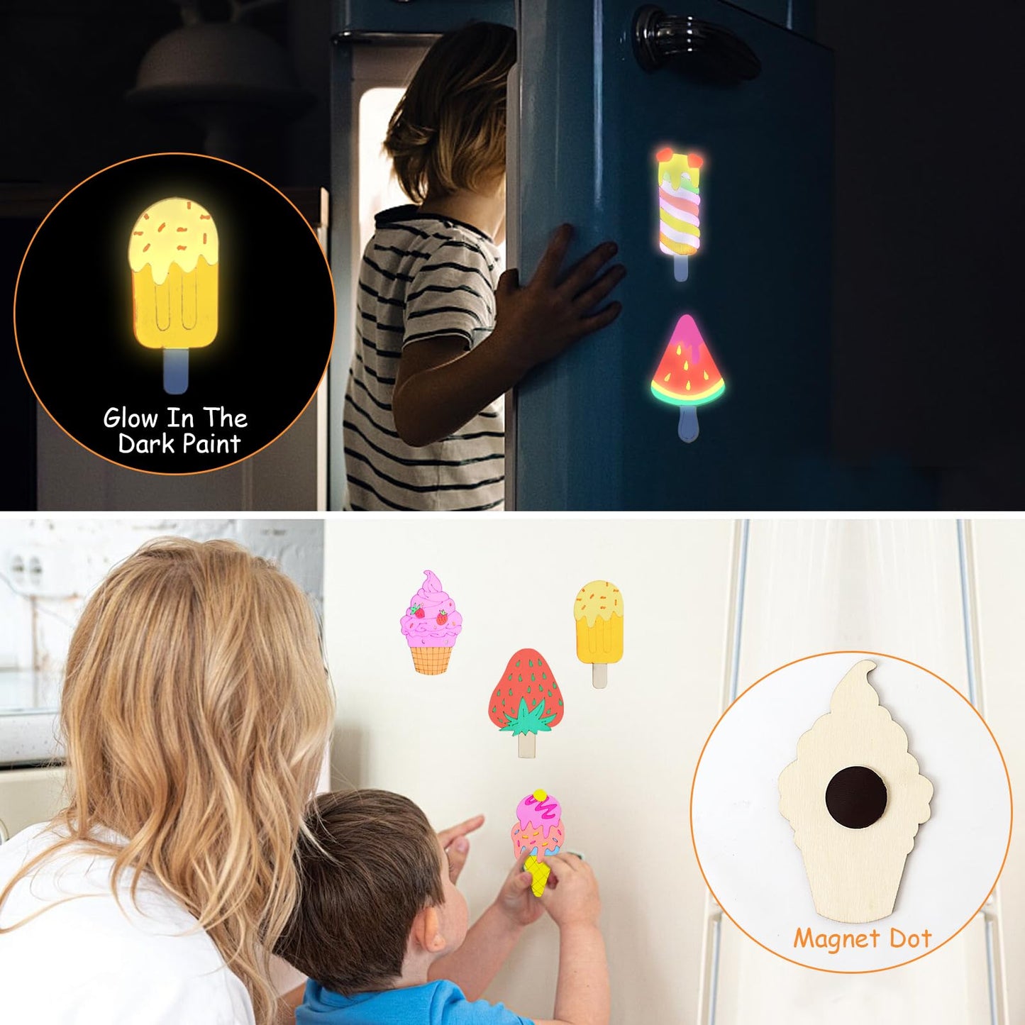 LARDUX 24pcs Ice Cream Party Favors Wood Painting Crafts - 8 Styles Ice Cream Shape Unfinished Woodchips Cutouts Craft Kits with Glow in The Dark Paint DIY Party Favors Birthday Party Decorations