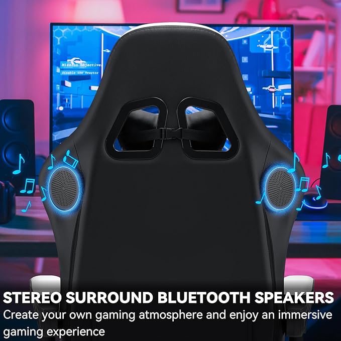 HOFFREE Gaming Chair with Speakers Massage Computer Gaming Chair with Pocket Spring Cushion for Adults Reclining Gamer Chair with Bluetooth Video Game Chairs with Footrest White and Black
