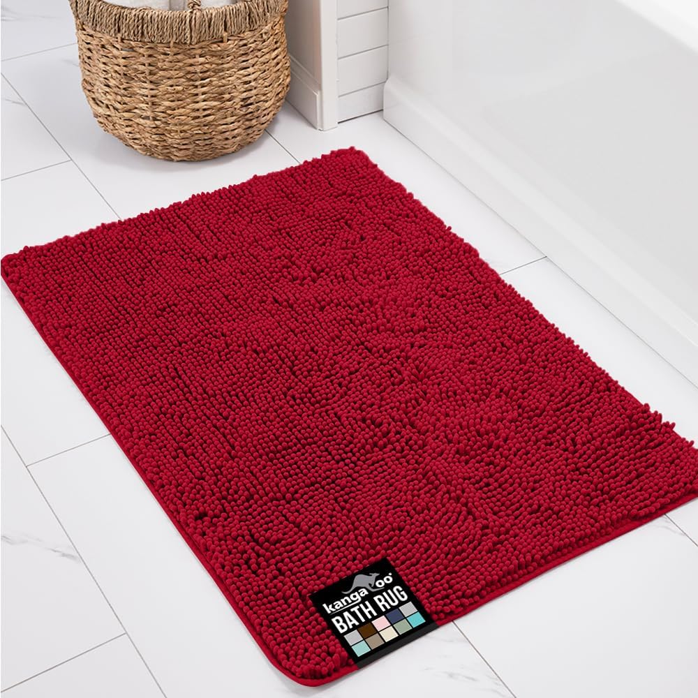 KANGAROO Bathroom Rugs, Chenille Soft Absorbent Bath Rug, Shaggy Shower Mat, Quick Dry Machine Wash Bathmat, Plush Carpet Mats for Tub, Bathtub and Room Home Decor Accessories, 36x24, Red