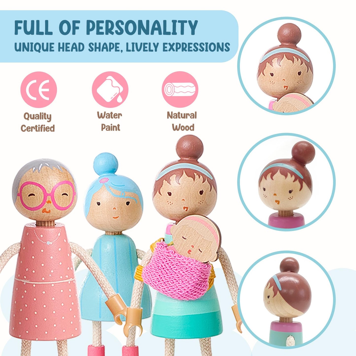 Giant bean Wooden Family Dolls Set of 7 for Dollhouse, Dollhouse People Miniature Dollhouse Accessories Toy for Boys Girls Kids Pretend Play 3 Years up