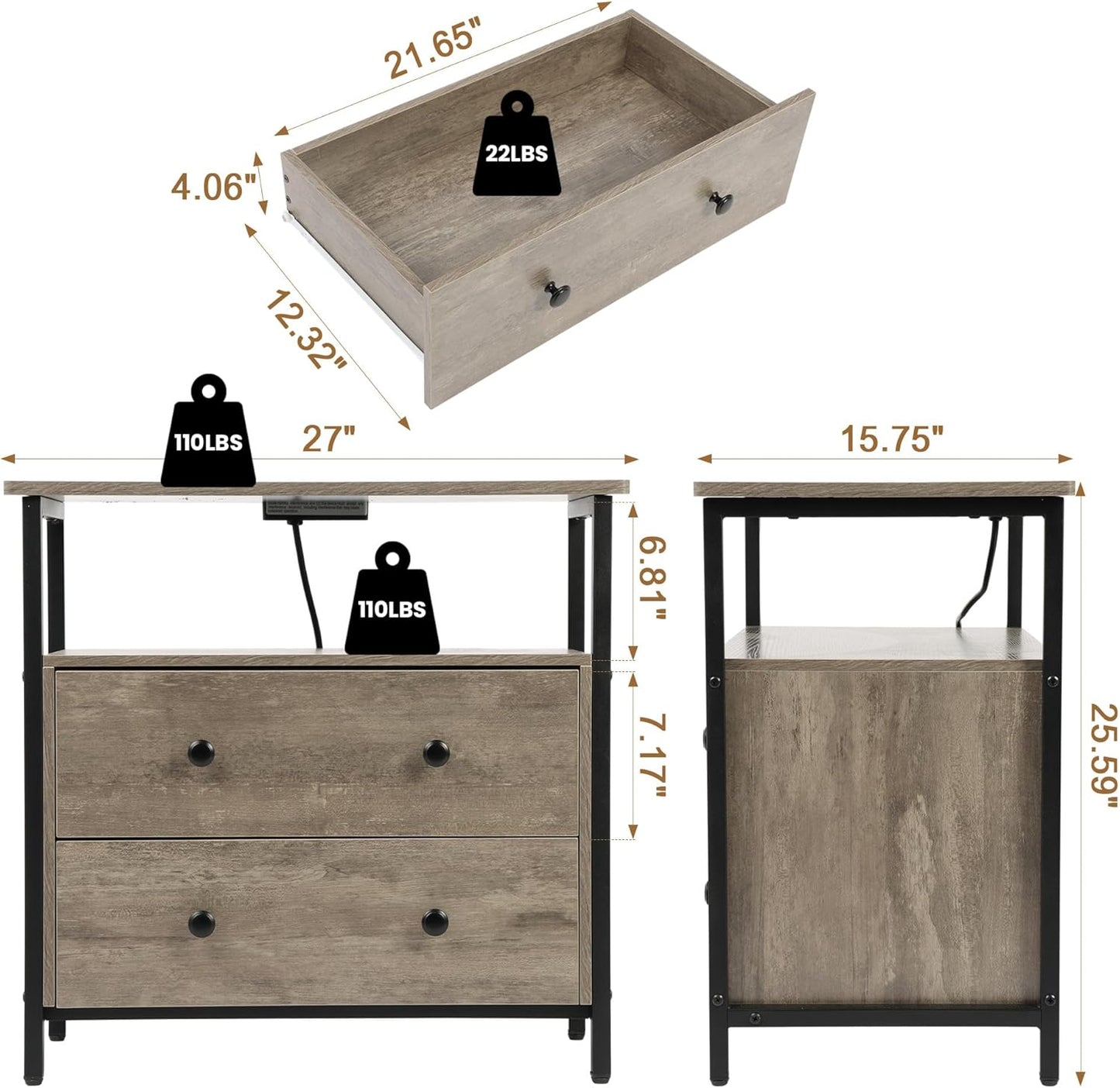 27 inch Wide Nightstand with Charging Station, Bedside Table with Open Shelf, 2 Drawers Small Wood Dresser, End Side Table for Bedroom (Rustic Gray)