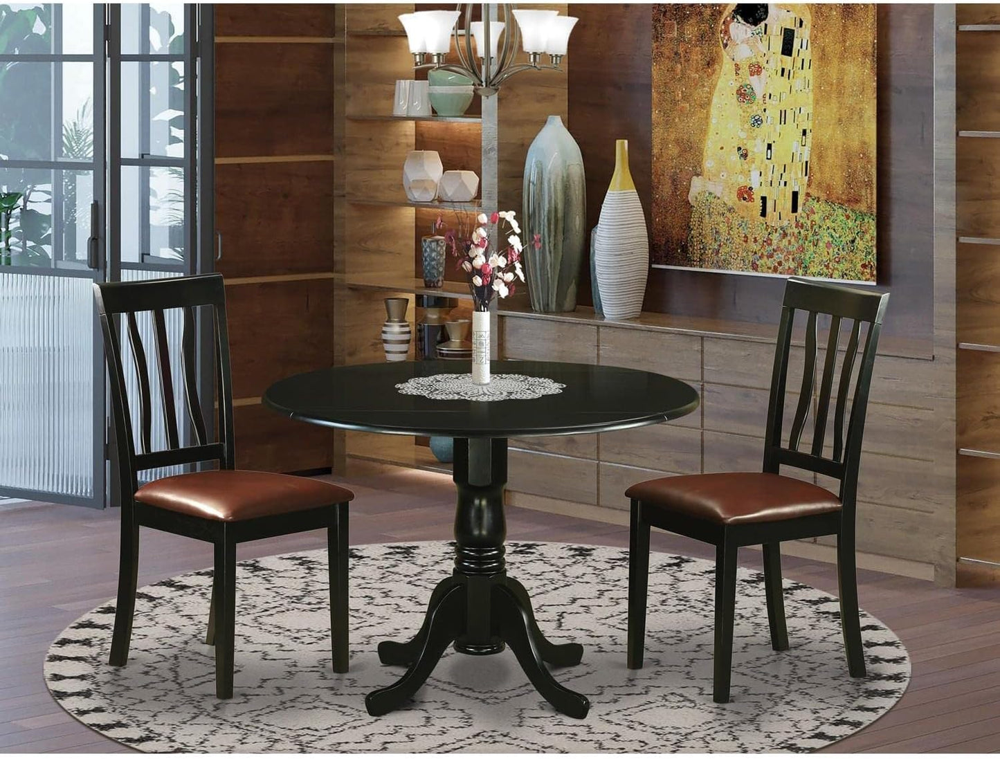 East West Furniture DLAN3-BLK-LC 3 Piece Dinette Set for Small Spaces Contains a Round Dining Table with Dropleaf and 2 Faux Leather Upholstered Dining Chairs, 42x42 Inch, Black