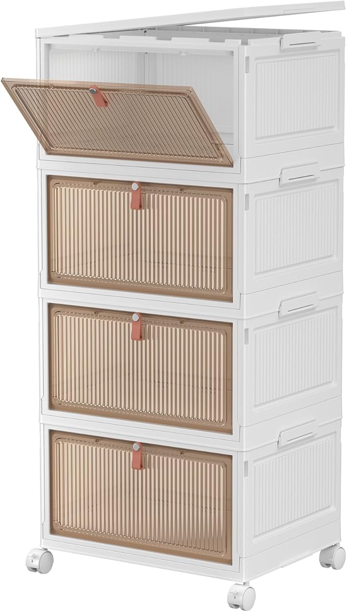 4 Tier Stackable Storage Bins with Lids, 28Qt Plastic Storage Containers with Magnetic Doors & Wheels, Convenient Storage Bins Closet Organizers, Household Organization for Home, Party, Office, Dorm