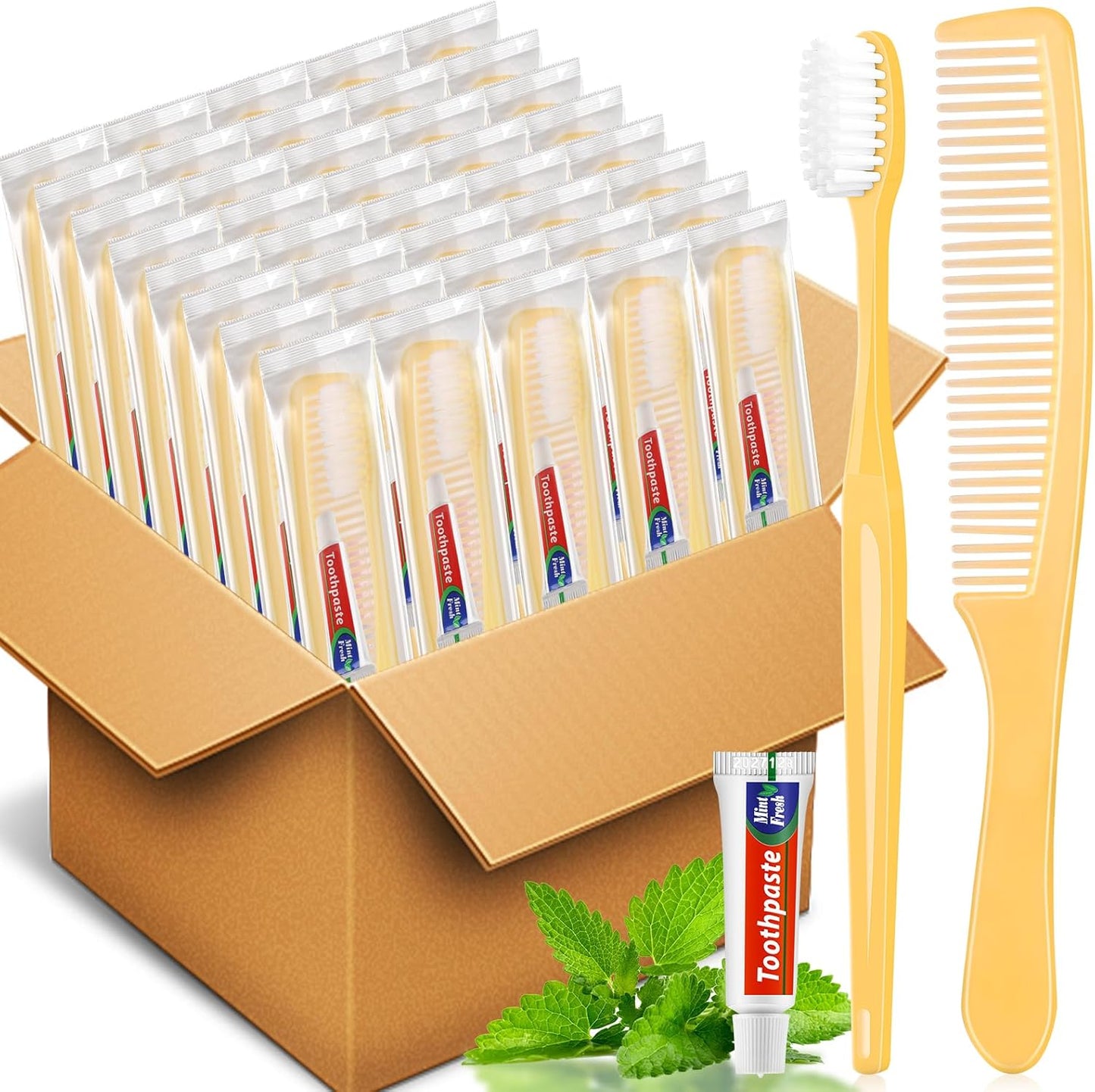 NICEMOVIC 50 Pack Disposable Toothbrushes Bulk with Toothpaste and Comb Travel Size Toothpaste Set Homeless Care Package Supplies for Bulk Individually Wrapped Disposable Travel Hotel Charity, Yellow
