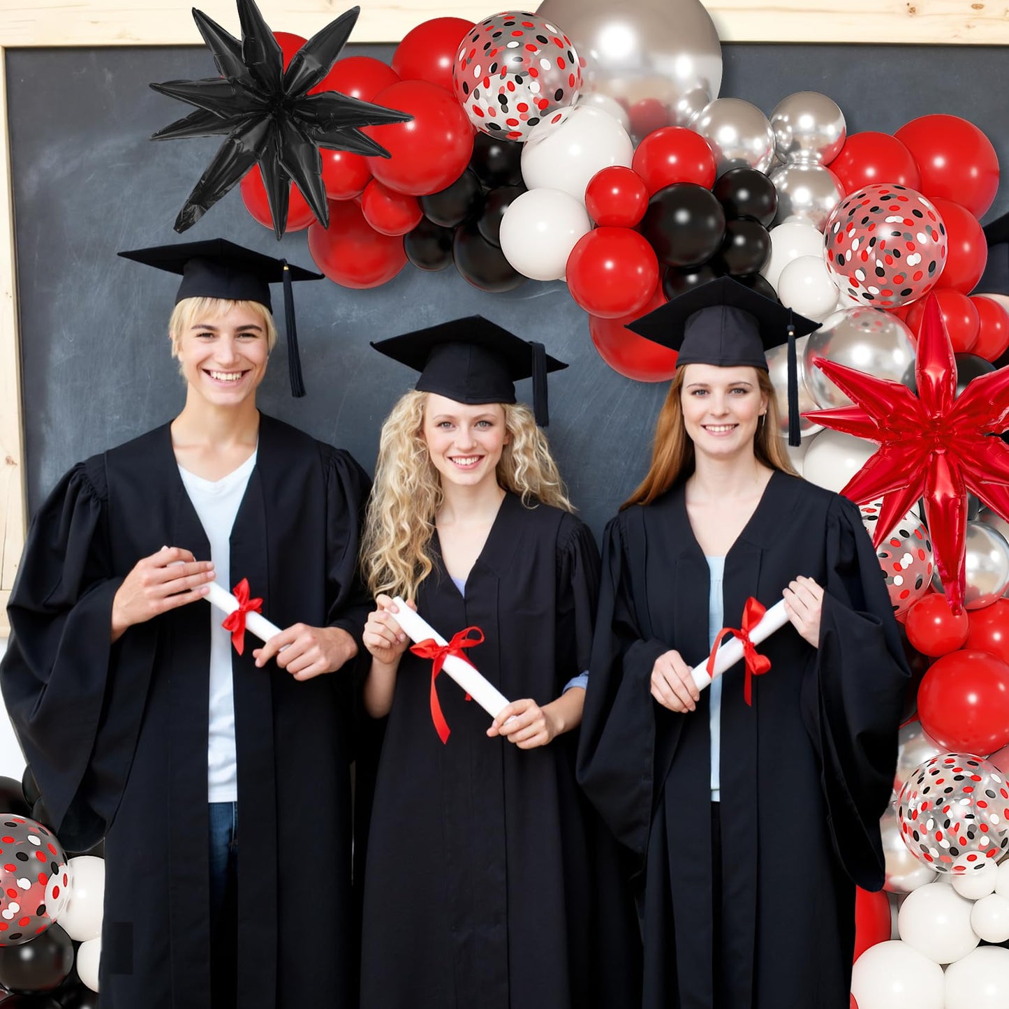 Ouddy Life 142pcs Red and Black Balloon Garland Arch Kit, Class of 2026 Decorations Graduation Red Black and White Sliver Confetti Balloons Foil Star for Anniversary Birthday Racing Car Poker Party