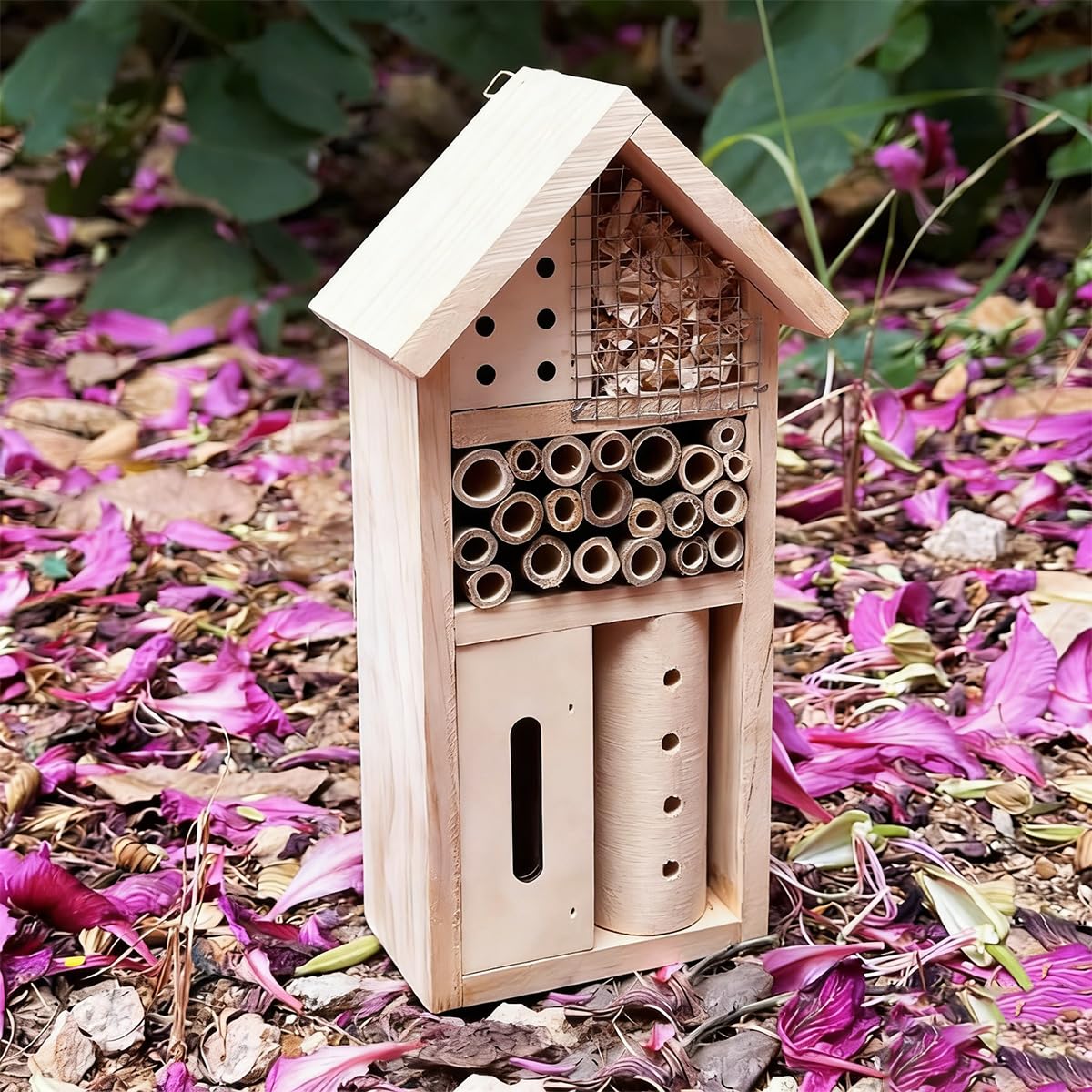 Wooden Insect Hotel for Garden - Bee House & Ladybug House, Pollinator Bug Hotel/Bug House to Attract Beneficial Garden Insects (Natural Wood Color)