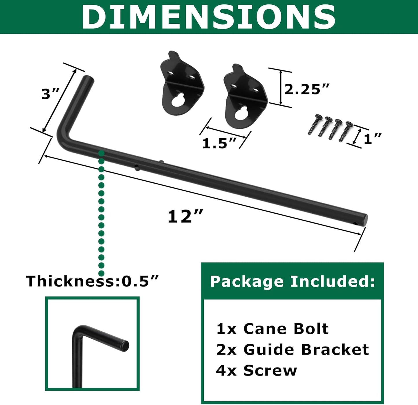 12" Heavy Duty Cane Bolt Gate Drop Rod for Vinyl Gate Latch, Cane Bolts for Gates for Wood PVC Vinyl Metal Fences Gates-1 Pack