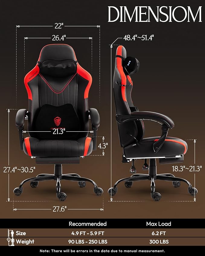 Dowinx Gaming Video Gaming Chair with Shiatsu Neck Massage and Lumbar Support for Home Office High Back Recliner Height Adjustable Ergonomic Comfy Leather Computer Desk Chair (Red)
