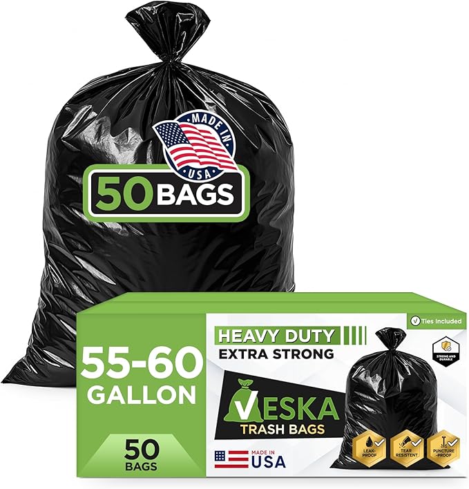 Veska 55 Gallon Trash Bags Heavy Duty, (Value-Pack 50 Count w/Ties) 55-60 Gallon Trash Bags Large Black 50-60 Gallon Garbage Liners for Lawn, Leaf, and Commercial